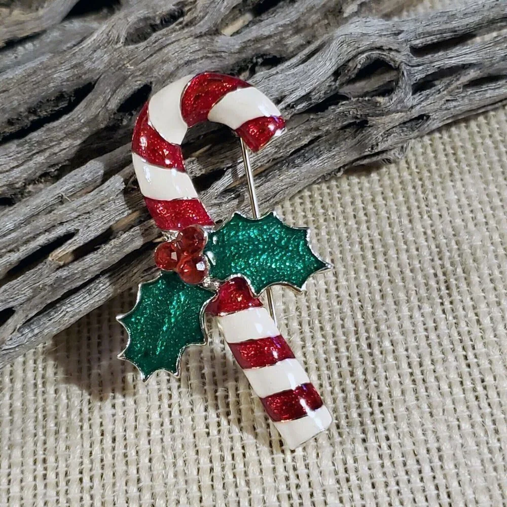 Y2K 90s Christmas Red White Candy Cane Holly Silver Enamel Sweater Pin Brooch